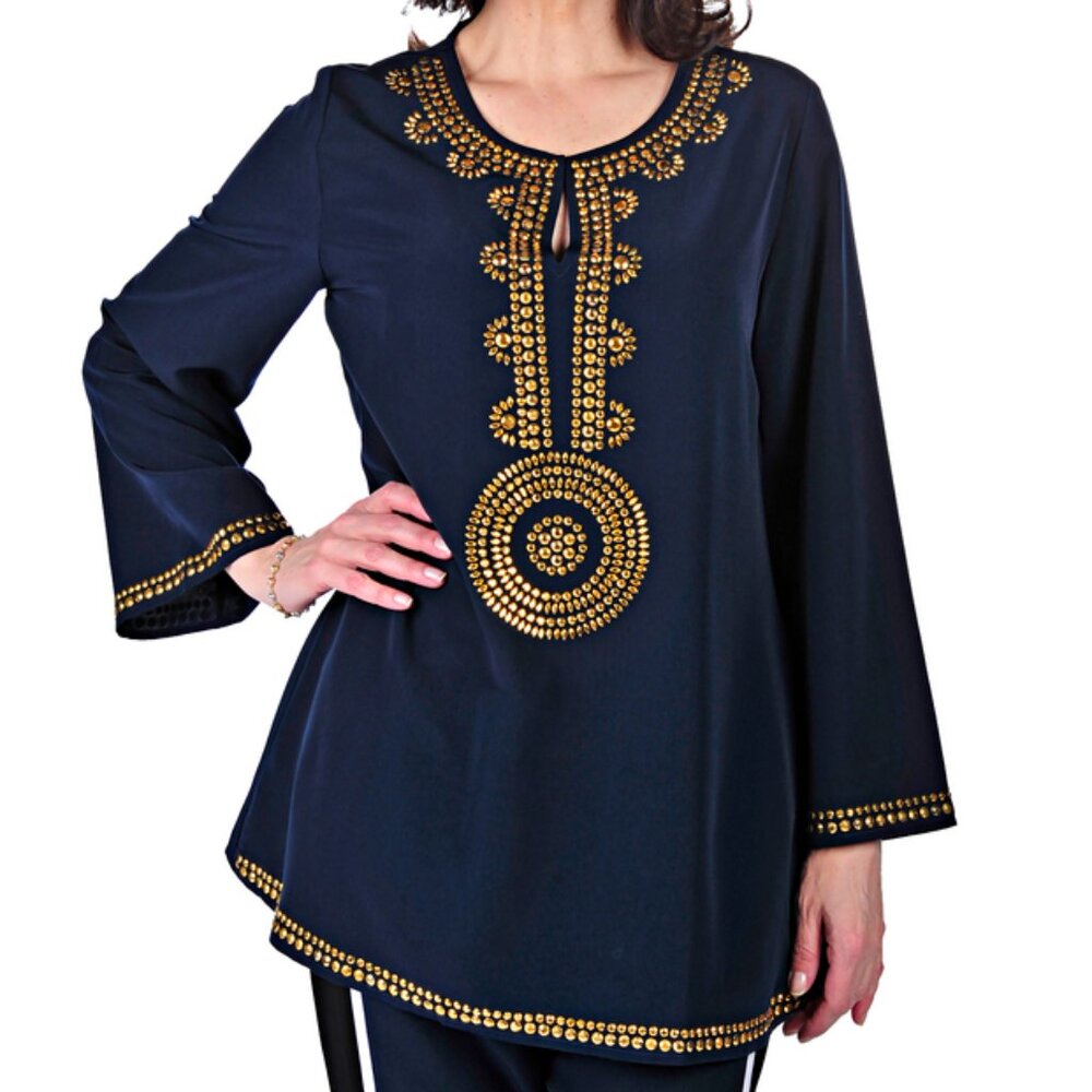 DIANE GILMAN GORGEOUS EMBELLISHED NAVY TUNIC-TOP, SZ. S